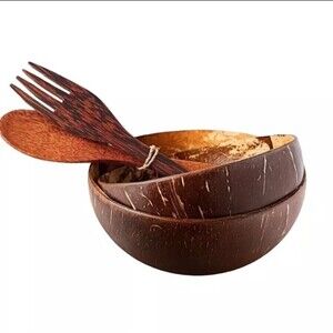 Bambaw 100% Natural 2 Coconut Bowls With Wooden Spoon & Fork Handmade Vegan NIB